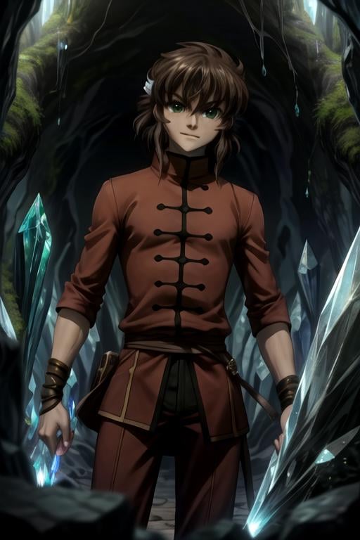 masterpiece, best quality, wallpaper, 1boy, solo, male focus, looking at viewer, , depth of field, , , <lora:ryuu-ou_tsubasa_chronicle:0.70>, ryuu-ou_tsubasa_chronicle, brown hair, green eyes, , ranger costume, The Crystal Cave: A fantastical place where gemstones and crystals grow in abundance,