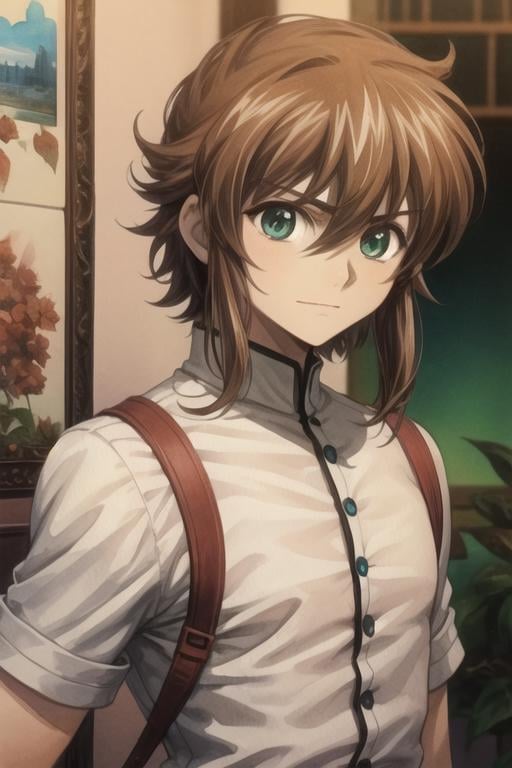 masterpiece, best quality, , 1boy, solo, male focus, looking at viewer, upper body, , (watercolor illustration, soft pastel colors:1.1), , <lora:ryuu-ou_tsubasa_chronicle:0.72>, ryuu-ou_tsubasa_chronicle, brown hair, green eyes, , button-up shirt, , cyberpunk, High resolution