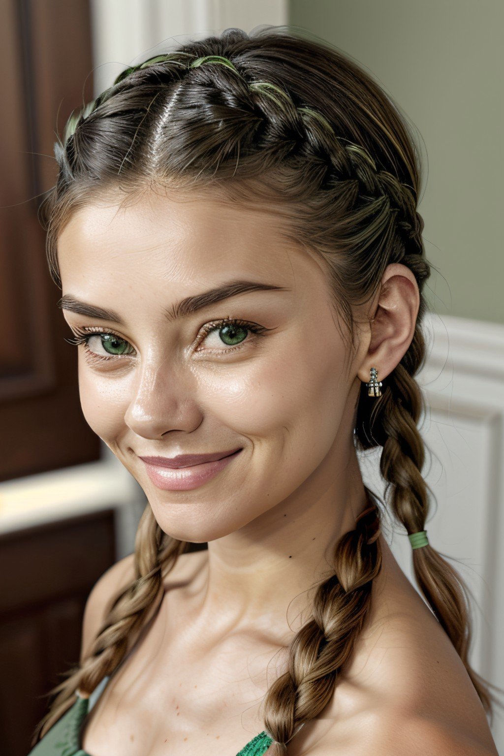 realistic photo of <lyco:sd15_NicolaCavanis_loha_64_v1:.85> NicolaCavanis, focus on eyes, close up on face, smile, wearing jewelry, pale green color hair styled as braided crown hair,