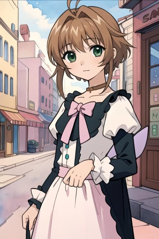 masterpiece, best quality, , 1girl, solo, looking at viewer, , , (watercolor illustration, soft pastel colors:1.1), , <lora:sakura_tsubasa_chronicle:0.68>, sakura_tsubasa_chronicle, brown hair, green eyes, fairy tale costume, convenience store,