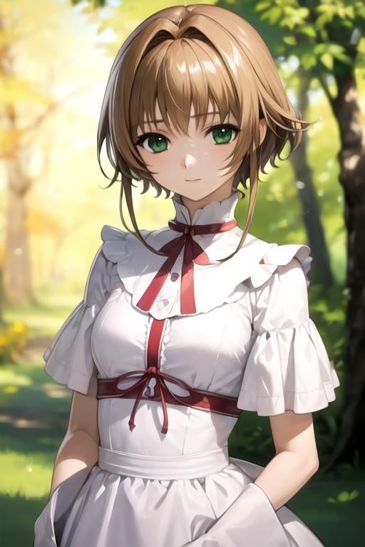 masterpiece, best quality, wallpaper, 1girl, solo, looking at viewer, , depth of field, anime coloring, realistic, <lora:sakura_tsubasa_chronicle:0.66>, sakura_tsubasa_chronicle, brown hair, green eyes, , , ,