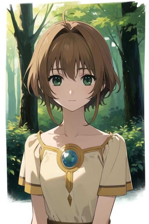 masterpiece, best quality, photorealistic, 1girl, solo, looking at viewer, , , anime coloring, , <lora:sakura_tsubasa_chronicle:0.66>, sakura_tsubasa_chronicle, brown hair, green eyes, , , An enchanted forest where magical creatures and plants abound,