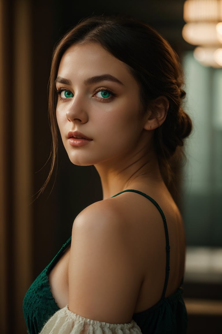 Best Quality, Masterpiece, Ultra High Resolution, (Realisticity: 1.4), Original Photo, 1Girl, Green Eyes, Off-the-Shoulders, Cinematic Lighting