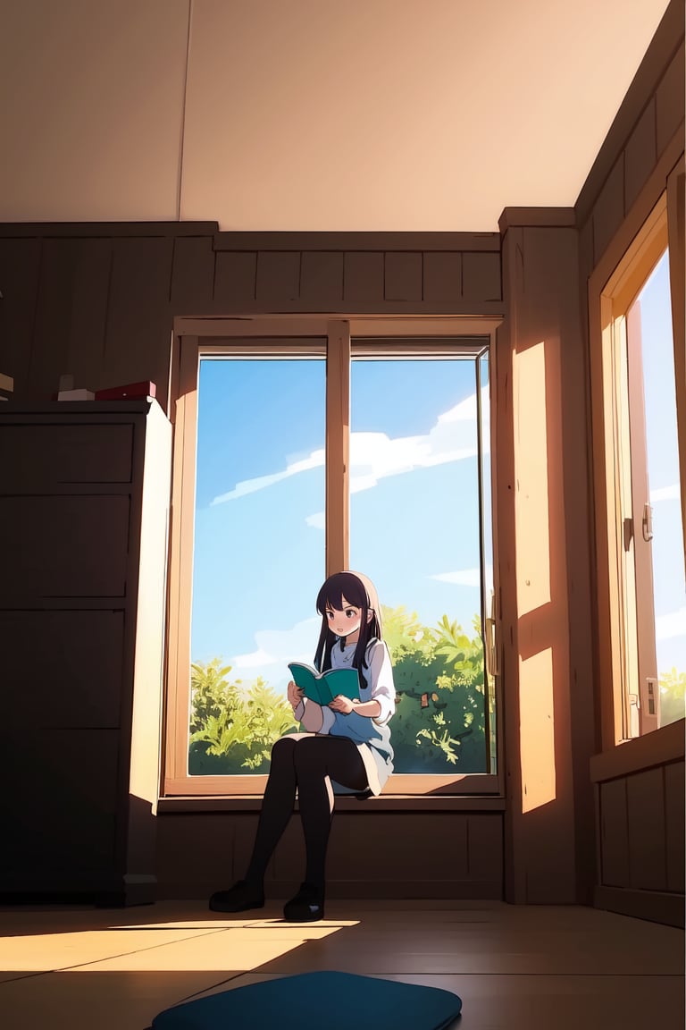 , AGGA_ST010,  girl reading by the window sill while a ray of light enters the room, <lora:EMS-50853-EMS:0.800000>