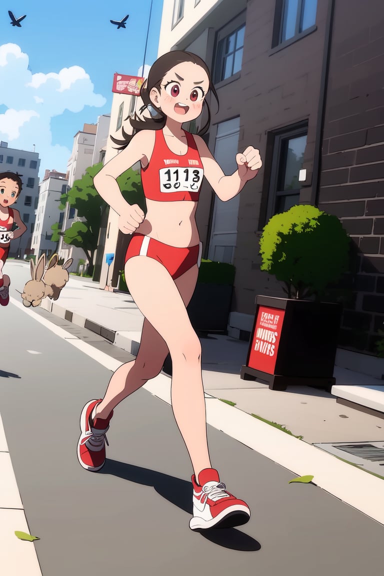 , AGGA_ST010,  girl running a marathon being followed by rabbits, <lora:EMS-50853-EMS:0.800000>