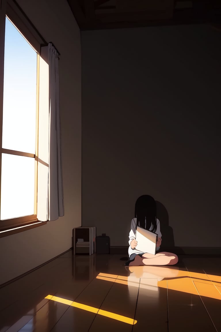, AGGA_ST010,  girl reading by the window sill while a ray of light enters the room, <lora:EMS-50853-EMS:0.800000>