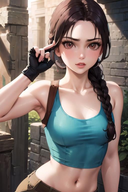 masterpiece, best quality, highres, 1girl, lara croft, single braid, blue tank top, brown shorts, fingerless gloves, upper body,  <lora:tombraider_classiclaracroft:0.7>