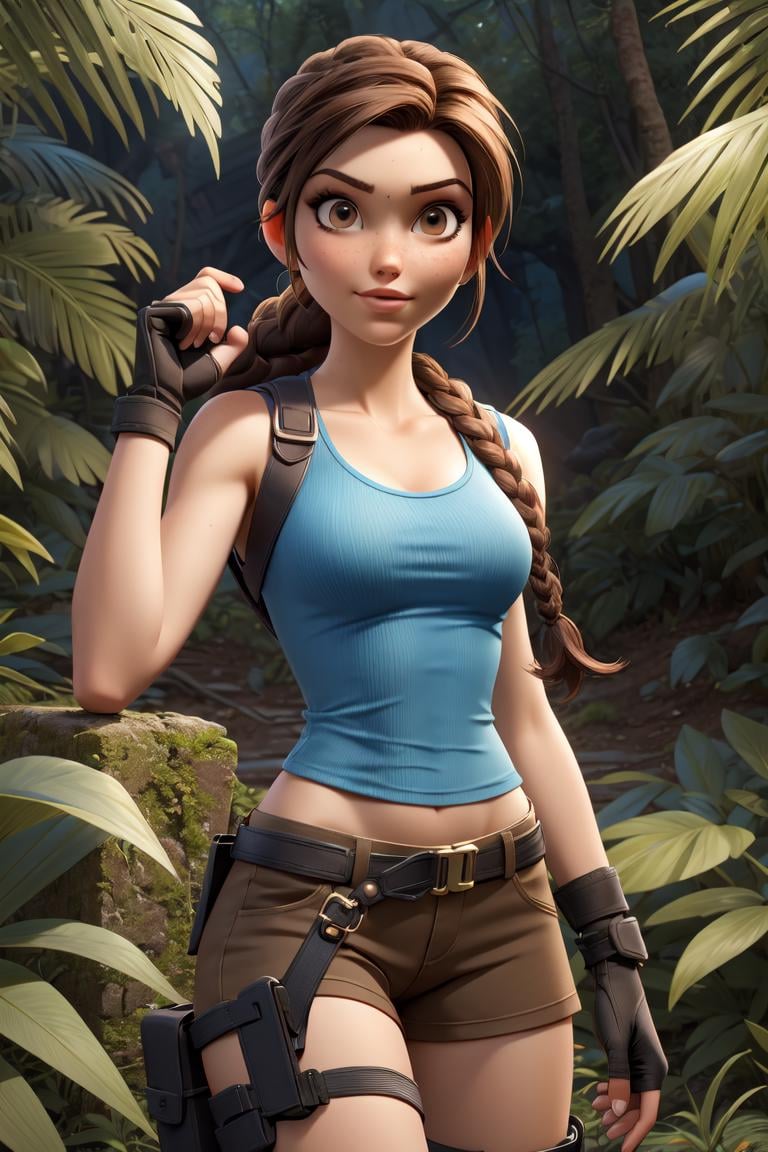 best quality, masterpiece, <lora:more_details:0.3>,<lyco:GoodHands-beta2:1>, nijistyle lara croft, single braid, blue tank top, brown shorts, fingerless gloves, holster <lora:sxz-niji-v2:0.5> <lora:tombraider_classiclaracroft:0.6>