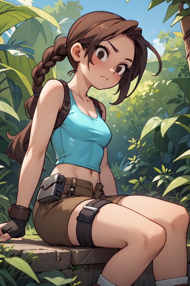 best quality, masterpiece, <lora:more_details:0.3>,<lyco:GoodHands-beta2:1>, nijistyle lara croft, single braid, blue tank top, brown shorts, fingerless gloves, holster <lora:sxz-niji-v2:0.5> <lora:tombraider_classiclaracroft:0.6>