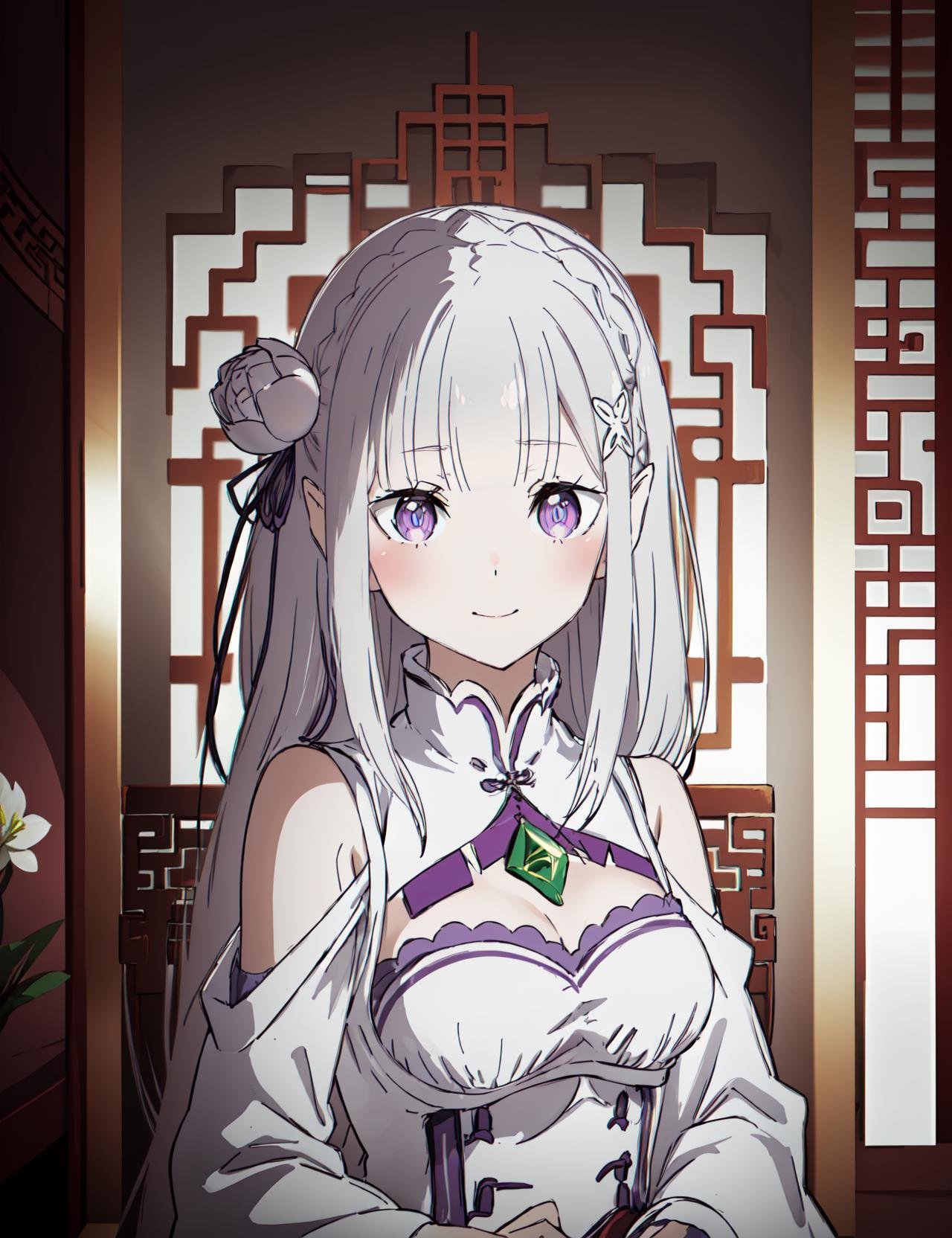 <lora:Emilia_v1_FB:0.8>, phemilia, 1girl, solo, breasts, smile,((masterpiece,best quality:1.4),ultra-detailed,(intricate details:1.1),cinematic light,short bangs,beautiful detailed eyes,red backround,chinese zodiac,very wide shot,looking at viewer,east asian architecture,chinese bellflower)