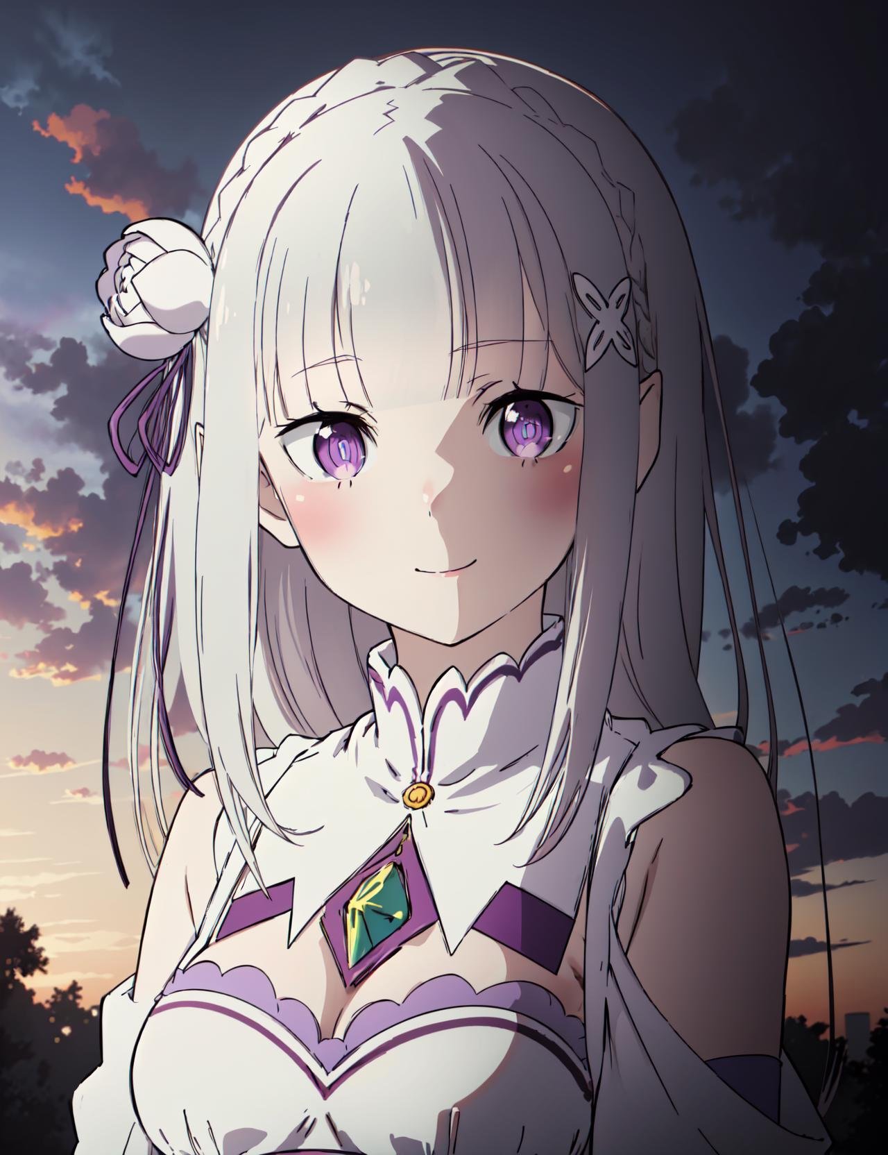 <lora:Emilia_v1_FB:0.8>, phemilia, 1girl, solo, breasts, smile,((masterpiece,best quality:1.4),ultra-detailed,(intricate details:1.1),cinematic light,short bangs,beautiful detailed eyes,red backround, blue sky, purple sky)