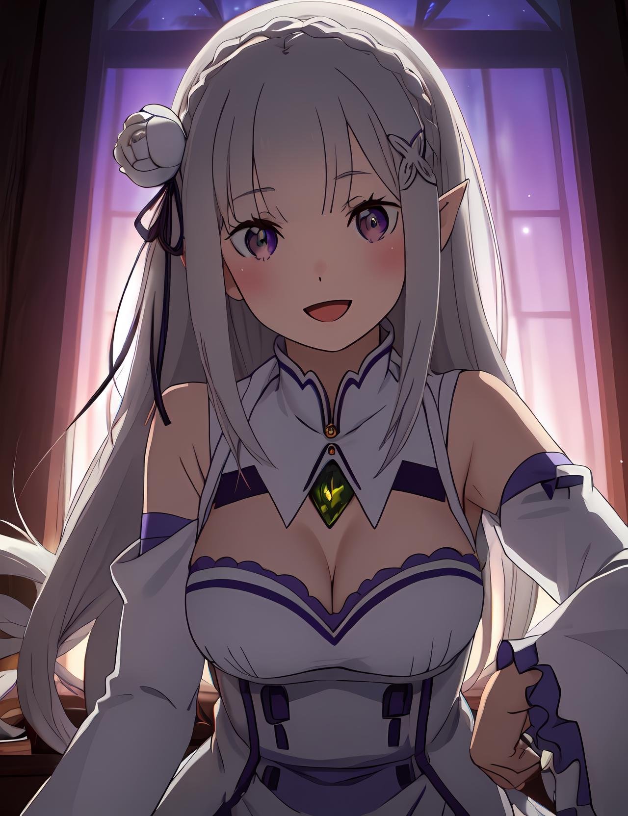 <lora:Emilia_v1_FB:0.7>, phemilia, 1girl, solo, upper body, (ice:1.2),  breasts, smile, looking at viewer, cleavage,  detached sleeves, dress, frills, grey hair, frilled sleeves, white hair, long sleeves, white rose, blush, white dress, white thighhighs, gem, :d, open mouth, elf, rose, low-tied long hair, very long hair,  head tilt, thigh boots, (masterpiece:1.2, best quality), (finely detailed beautiful eyes: 1.2), (detailed background,dark fantasy), (beautiful detailed face), high contrast, (best illumination, an extremely delicate and beautiful), ((cinematic light)), colorful, hyper detail, dramatic light, intricate details, light particles, light rays, wallpaper, high contrast, colorful