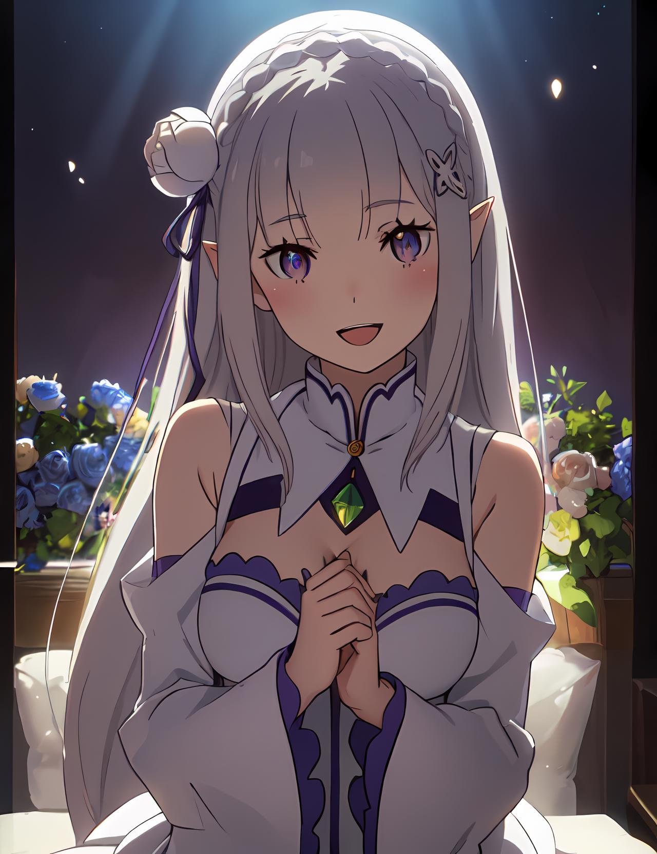 <lora:Emilia_v1_FB:0.7>, phemilia, 1girl, solo, upper body,  breasts, smile, looking at viewer, cleavage,  detached sleeves, dress, frills, grey hair, frilled sleeves, white hair, long sleeves, white rose, blush, white dress, white thighhighs, gem, :d, open mouth, elf, rose, low-tied long hair, very long hair,  head tilt, thigh boots, (masterpiece:1.2, best quality), (finely detailed beautiful eyes: 1.2), (detailed background,dark fantasy), (beautiful detailed face), high contrast, (best illumination, an extremely delicate and beautiful), ((cinematic light)), colorful, hyper detail, dramatic light, intricate details, light particles, light rays, wallpaper, high contrast, colorful