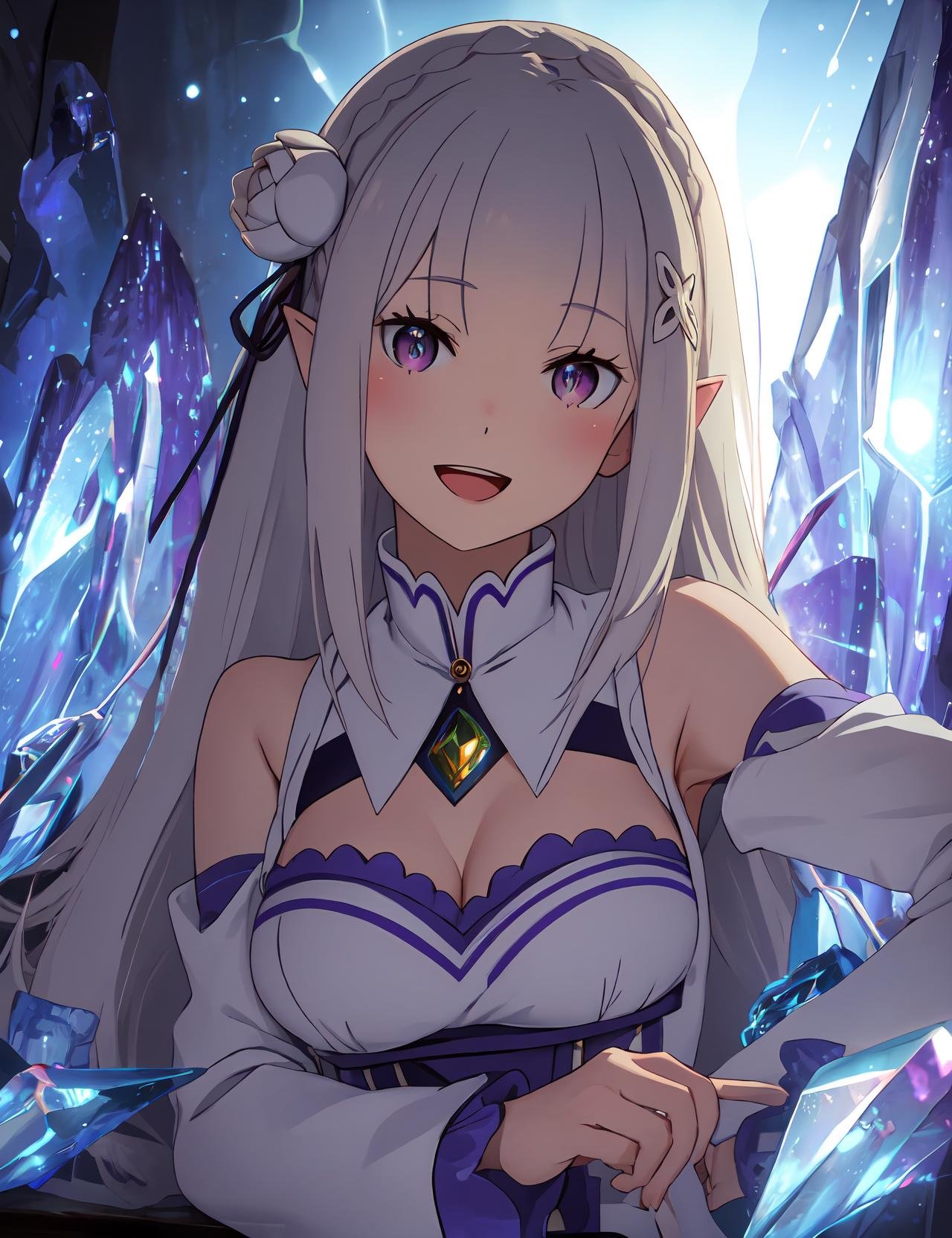 phcrystal, lying, <lora:crystal_v1:0.9>, <lora:Emilia_v1_FB:0.7>, phemilia, 1girl, solo, upper body,  breasts, smile, looking at viewer, cleavage,  detached sleeves, dress, frills, grey hair, frilled sleeves, white hair, long sleeves, white rose, blush, white dress, white thighhighs, gem, :d, open mouth, elf, rose, low-tied long hair, very long hair,  head tilt, thigh boots, (masterpiece:1.2, best quality), (finely detailed beautiful eyes: 1.2), (detailed background,dark fantasy), (beautiful detailed face), high contrast, (best illumination, an extremely delicate and beautiful), ((cinematic light)), colorful, hyper detail, dramatic light, intricate details, light particles, light rays, wallpaper, high contrast, colorful,