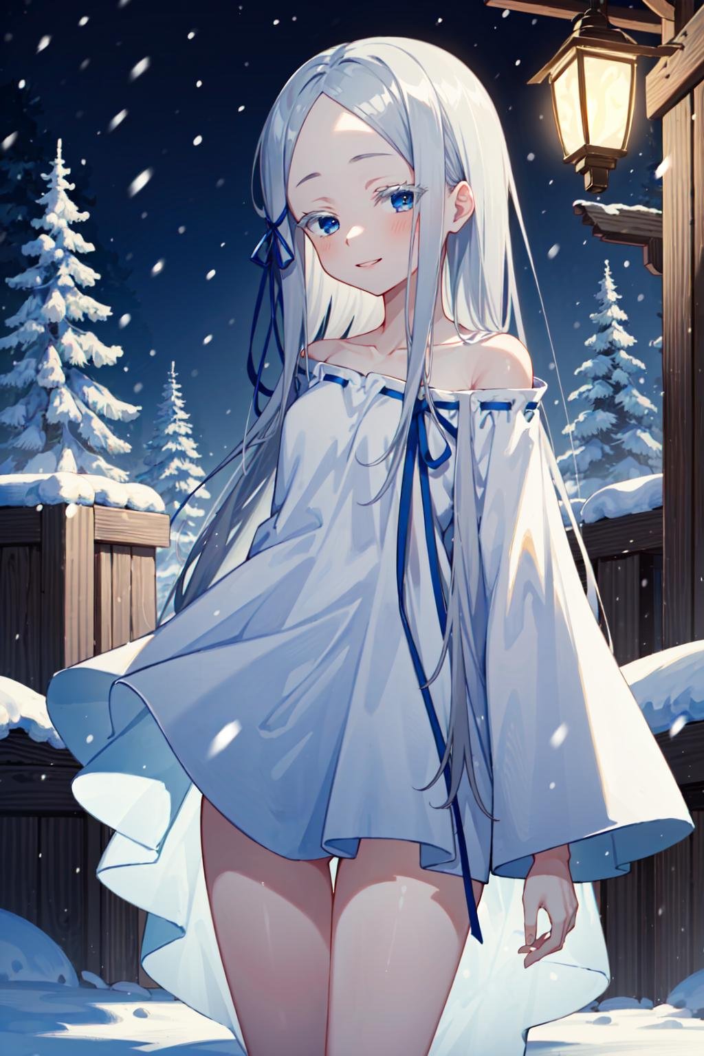 (masterpiece, best quality:1.5),<lora:Pandora-v1-000004:1>,pandora,pddf,1girl,looking at viewer,seductive smile,small breasts,barefoot,arms behind back,outdoors,(village:1.2),snow,snowing,cowboy shot,(night,dark:1.2),