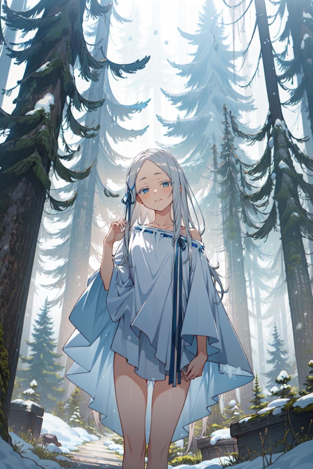 (masterpiece, best quality:1.5),<lora:Pandora-v1:1>,pandora,pddf,1girl,looking at viewer,seductive smile,small breasts,barefoot,(cowboy shot:1.2),standing,<lora:lightV1:1>,forest,outdoors,tree,(snow:1.2),(fantasy:1.2),