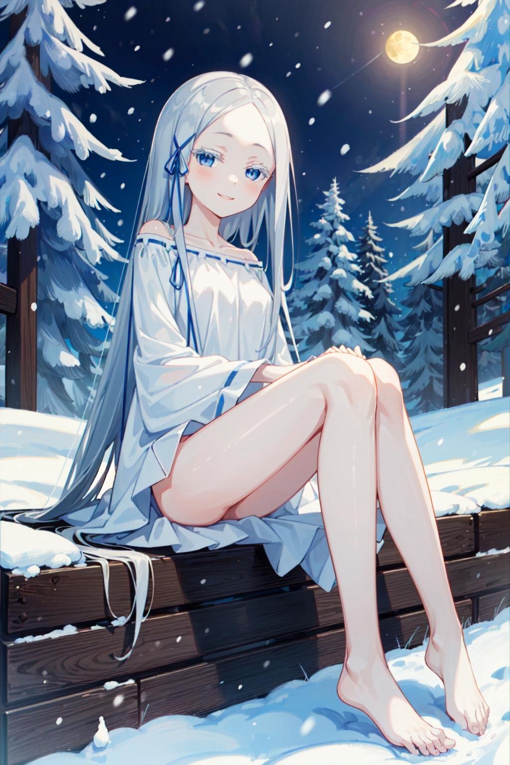 (masterpiece, best quality:1.5),<lora:Pandora-v1-000004:1>,pandora,pddf,1girl,looking at viewer,seductive smile,small breasts,hugging own legs,barefoot,snow,snowing,cowboy shot,night,dark,sitting,outdoors,nature,