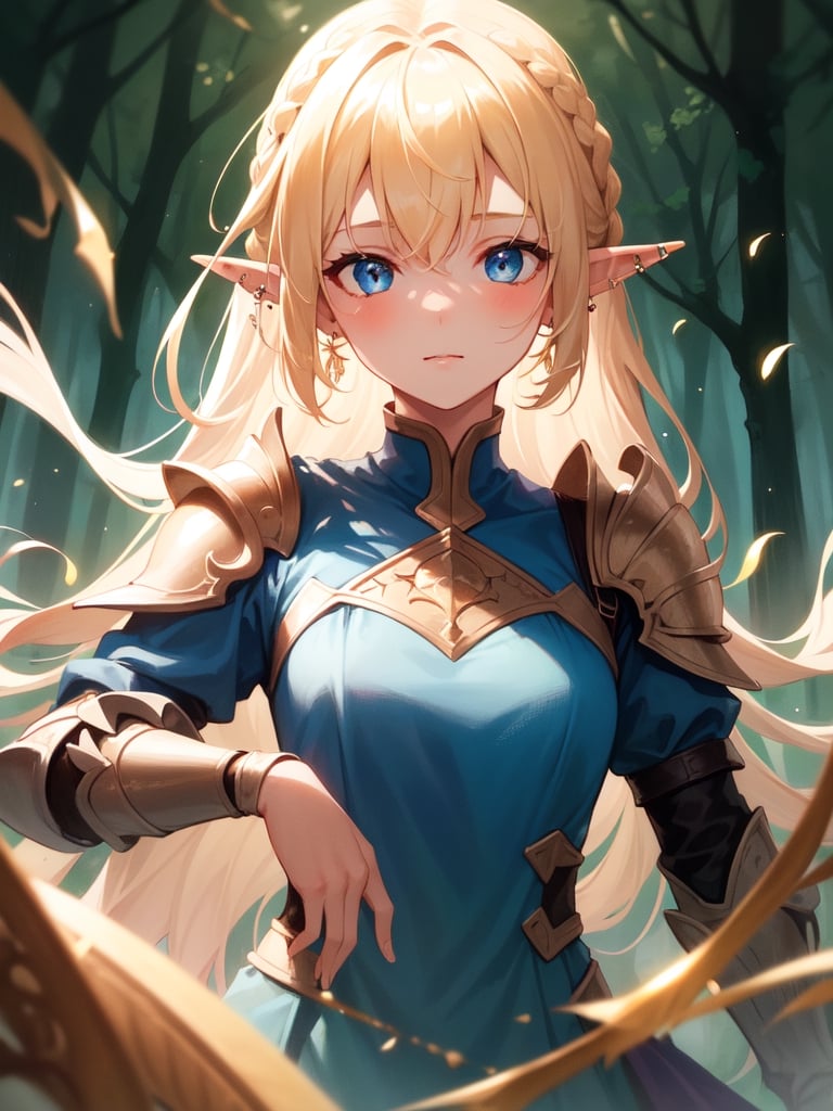 portrait of european girl,cute and beautiful face,elf,pointy ears,ear piercing,20yo,short french braid,bronde hair, blue armored dress,fantasy,forest, looking at viewer, diffused soft lighting, shallow depth of field, sharp focus, cinematic lighting
