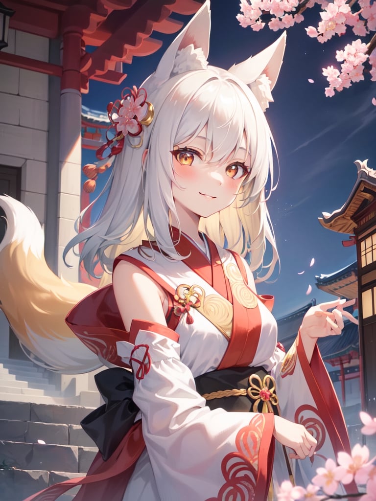 ultra sharp, (intricate details:1.3), 1girl,japanese,smile, pale yellow hair, medium hair, stairs, cherry blossoms, temple, fox girl, detached sleeves, animal ears,looking at viewer,upper body,sharp focus,4K Raw photo
