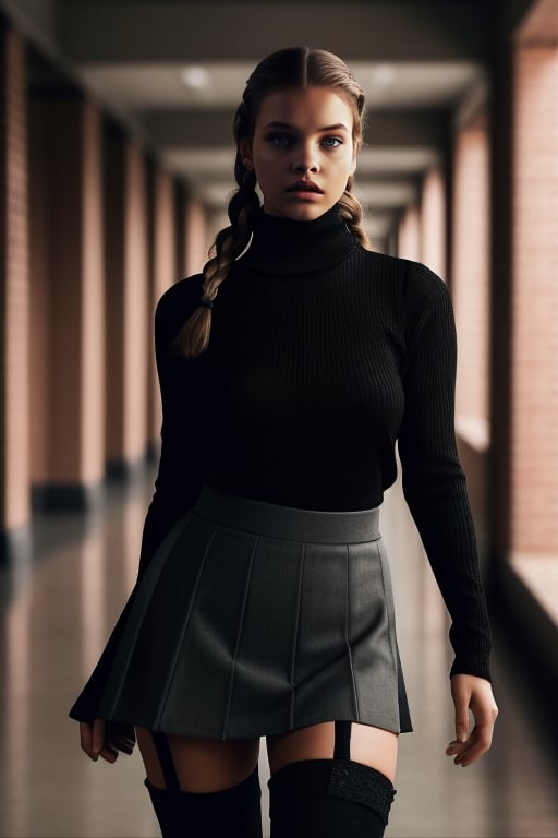 wo_barbpalvin01, masterpiece, high quality, highres, photorealistic, raw, extremely detail, extremely detail face, full body shot, solo, seductive face, dutch twin braid, (black turtleneck shirt skirt and stockings:1.2), small boobs, school hallway background