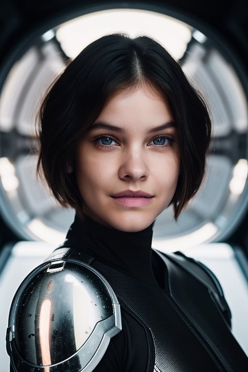 RAW photo of wo_barbpalvin01, wearing high-tech armor, in deep space, closeup portrait, smile, short black bob hair, (high detailed skin:1.2), 8k uhd, dslr, soft lighting, high quality, film grain, Fujifilm XT3