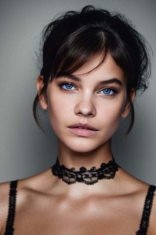 head and shoulder shot, a portrait of a beauty wo_barbpalvin01, black short hair with bangs, lace choker, (blue eyes:0.5), nude, detailed skin,(high detailed:1.2), 8k, uhd, dslr, soft lighting, high quality, film grain, Fujifilm XT3