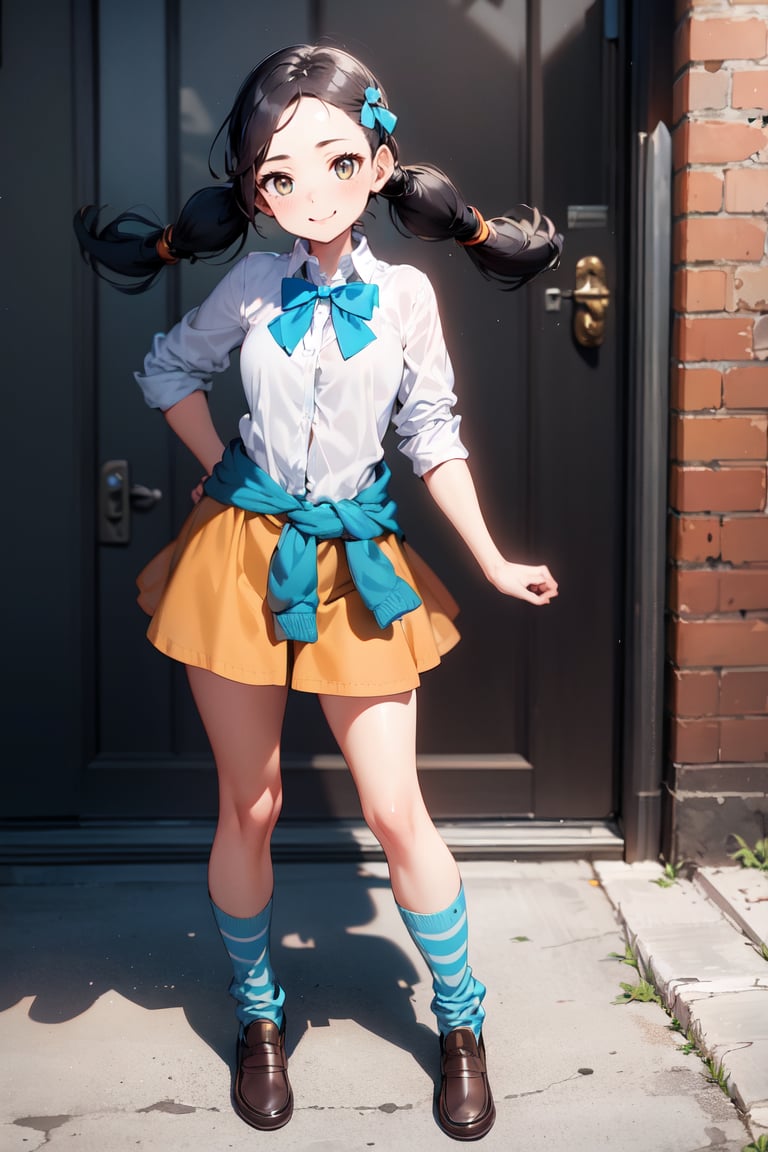 candice,  twintails,  bowtie,  white shirt,  blue swetter around waist,  orange miniskirt,  striped socks,  loafers, <lora:EMS-50910-EMS:0.800000>