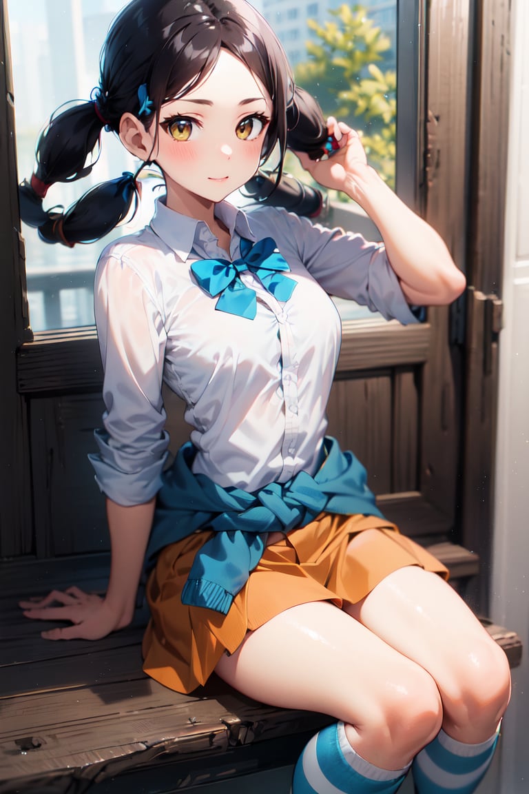 twintails,  bowtie,  white shirt,  blue swetter around waist,  orange miniskirt,  striped socks,  loafers, <lora:EMS-50910-EMS:0.800000>