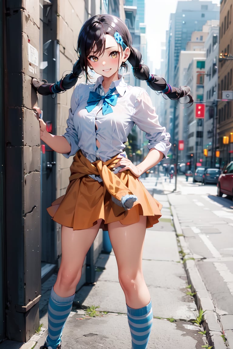 Candice,  twintails,  bowtie,  white shirt,  blue swetter around waist,  orange miniskirt,  striped socks,  loafers, <lora:EMS-50910-EMS:0.800000>