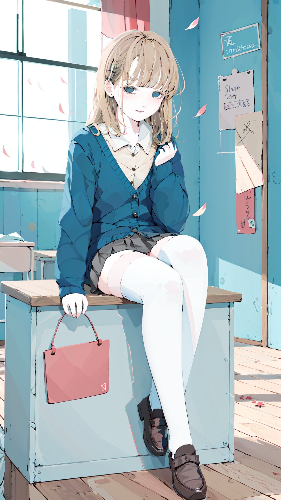  red theme, 1girl, solo, thighhighs, desk, blue eyes, long hair, sitting, school desk, sitting on desk, on desk, white thighhighs, hair ornament, smile, water, skirt, shoes, school uniform, petals, blush, looking at viewer, zettai ryouiki, collarbone, leaf, classroom, loafers, blonde hair, brown hair, plaid, cardigan, plaid skirt, chair, indoors, ripples