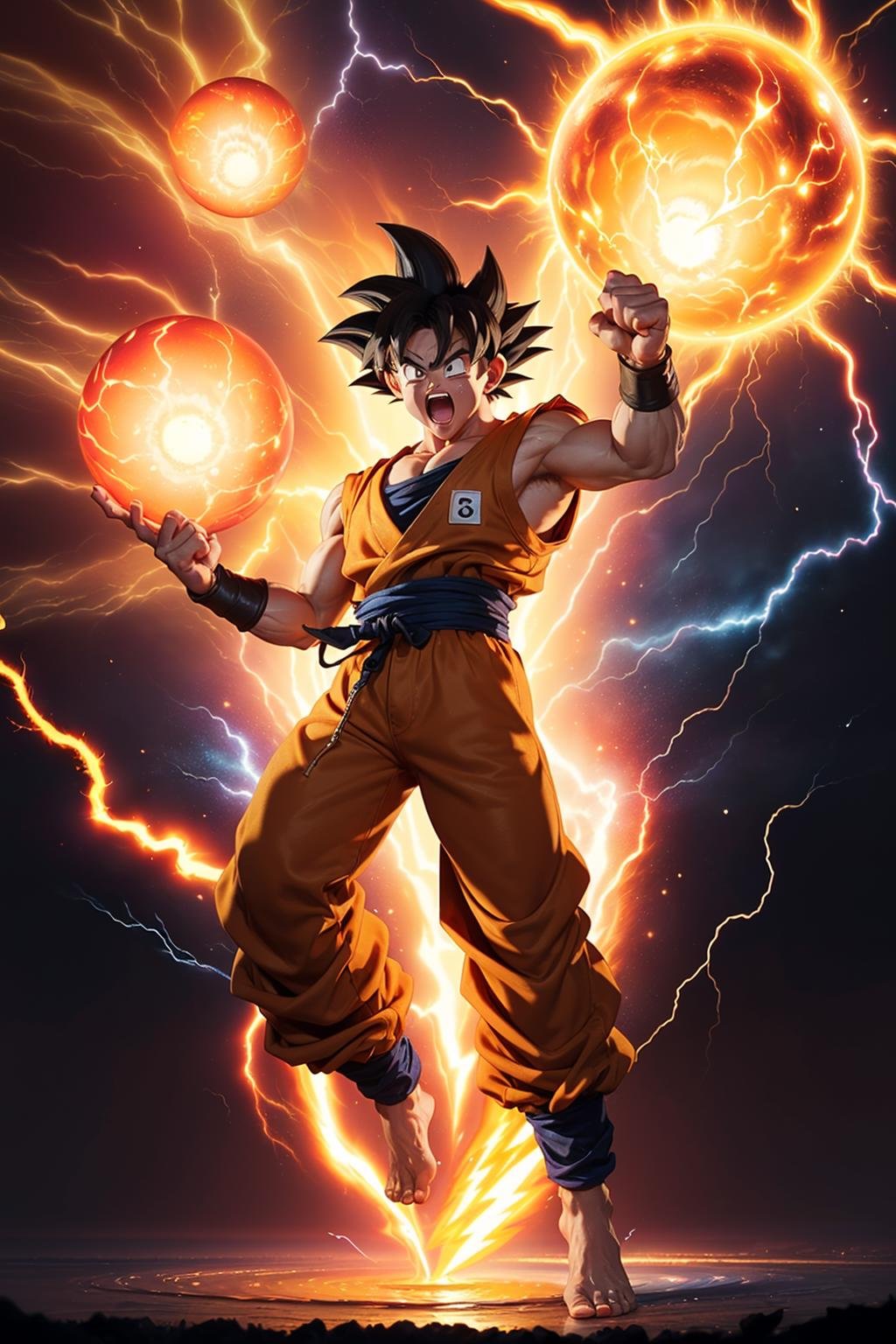 (Anime_Fantasy:1.5), (Vivid_Colors:1.4), (High_Detail:1.4), BREAK, (Full_body_Goku:1.5), SAIYA,super Saiyan,  (Super_Saiyan:1.6), (Golden_hair:1.4), (Aura_surrounding_body:1.3), (barefoot:1.3), (Eyes_brilliant_and_crackling_with_energy:1.5), (Intense_angry_expression:1.4), (Veins_on_forehead:1.3), r1ge (yellow theme:1.2)((Open_mouth_screaming:1.4), (Muscular_form:1.3), (Raging_scream:1.4), (Tensed_muscles:1.3), (Clenched_fists:1.3), (Dynamic_pose:1.3), (Battle_torn_clothing:1.2), (generate_(big_ huge_immense:1.5)_(Bright_crackling_glowing:1.5)_(spheric_energy_in_hands:1.5), (Charged_energy:1.4), (Lightning_arcing:1.4), BREAK, Futuristic_cityscape, Destruction_in_background, (Blazing_skies:1.3), (Electric_sparks:1.5), (Surrounding_lightning_strikes:1.4), BREAK, (Lighting_effects:1.5), (Reflective_surfaces:1.2), (Shadow_contrast:1.2), (Energy_emission:1.4), (Radiating_glow:1.3), (Intense_backlighting:1.2), (Glowing_rim_light:1.3), BREAK, Rule_of_thirds, BREAK, (Professional_3D_rendering:1.4), CG_unity, (HighDynamicRange:1.3), (HighResolution:1.4), (1440p_Wallpaper:1.5), <lora:add_detail:1> <lora:more_details:1> <lora:real_skin:1> <lora:epi_noiseoffset2:1> <lora:LowRA:0.25> <lora:Supersaiyan:1.4>,  style-swirlmagic,  <lora:r1ge - AnimeRage:0.5>