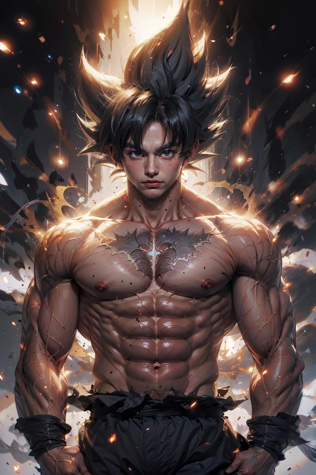 1 boy,(male focus:1.1),(male muscles:1.2),SAIYA,super saiyan,(looking at viewer),super saiyan 1,(white eye:1.2),(pectoral),(abdominal muscle),(big muscle),(white hair),