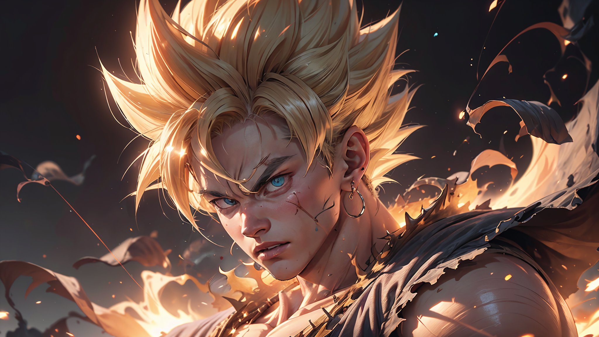 1boy, (male focus:1.1), (detailed muscular fit perfect body:1.2), (detailed beautiful angry songoku face:1.4), (detailed perfect hands), (detailed energy white piercing eyes:1.3), (detailed highlight blond spiked hair), SAIYA, super Saiyan, Aura explosion of yellow energy crackling with electricity , detailed devastation background, subsurface scattering, heavy shadow, (high quality:1.4), (intricate, high detail:1.2), professional photography, HDR, High Dynamic Range, realistic, ultra realistic, photorealistic, high resolution, rule of thirds, film photography, DSLR, (looking at viewer:1.4) <lora:supersaiyan:0.65>
