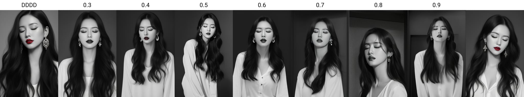 a woman with long hair and a white shirt is posing for a picture with her eyes closed and her lips slightly closed,1girl,artist name,black hair,earrings,greyscale,jewelry,lipstick,long hair,looking at viewer,makeup,open mouth,red lips,solo,<lora:More Fashion_v1.0:DDDD>,