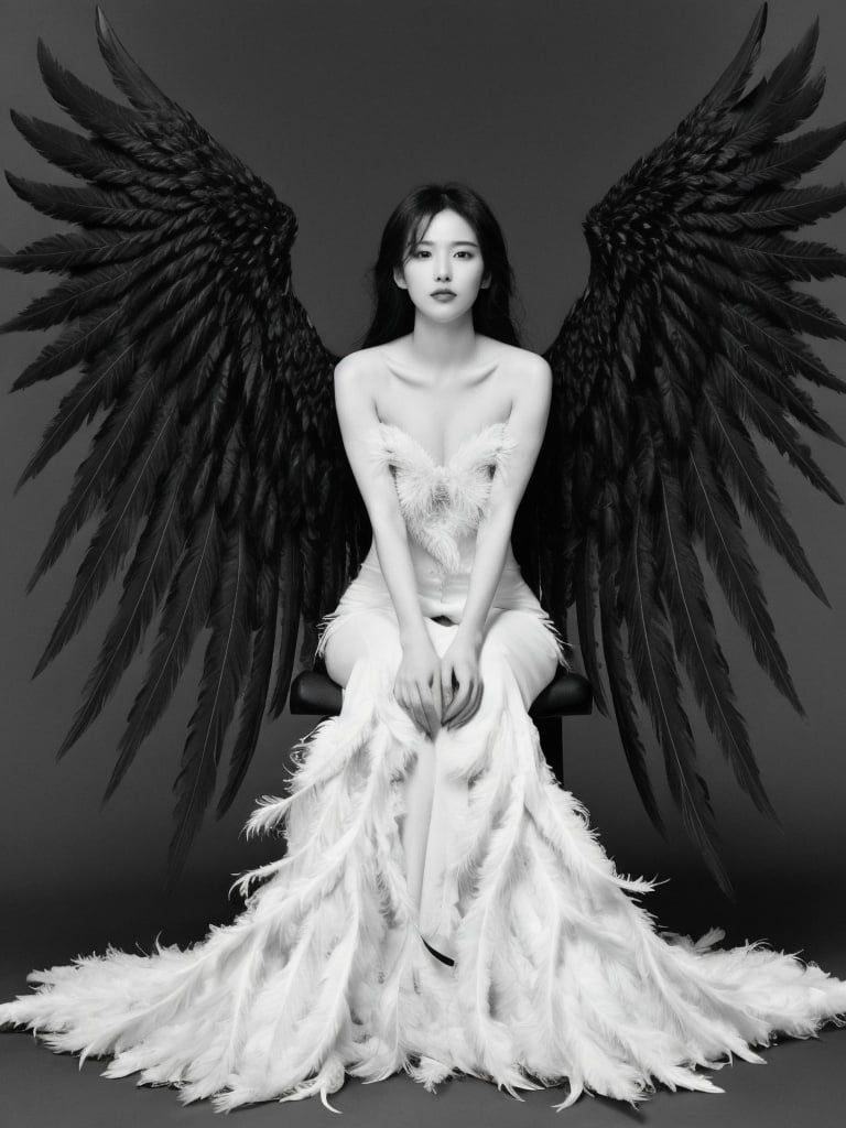  1girl, angel, angel wings, bangs, bird wings, black feathers, black hair, black wings, feathered wings, feathers, grey background, greyscale, harpy, large wings, lips, long hair, looking at viewer, mini wings, monochrome, realistic, single wing, sitting, solo, spread wings, white wings, winged arms, wings