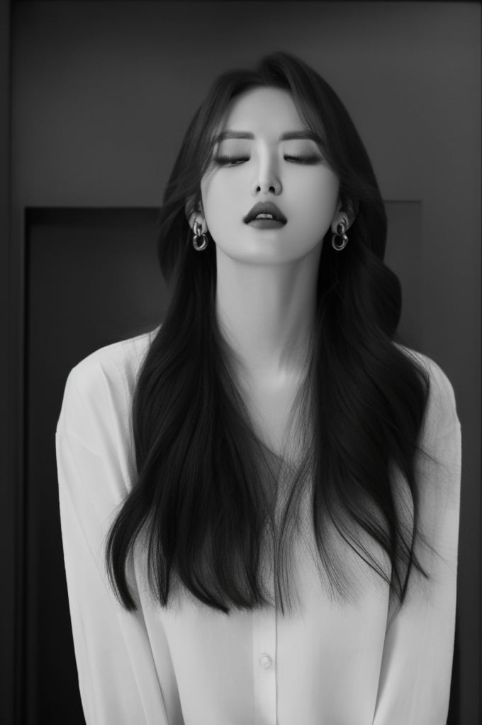 a woman with long hair and a white shirt is posing for a picture with her eyes closed and her lips slightly closed,1girl,artist name,black hair,earrings,greyscale,jewelry,lipstick,long hair,looking at viewer,makeup,open mouth,red lips,solo,<lora:More Fashion_v1.0:0.9>,