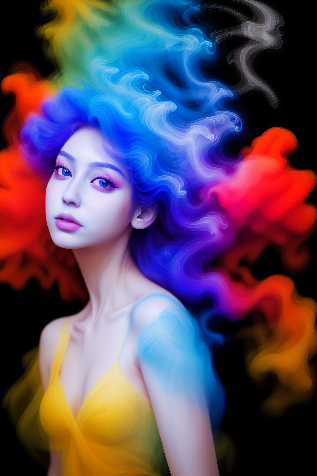 masterpiece,realistic,1girl,<lora:smoke_v1:0.5>,colorful hair,smoke dress,colorful smoke,