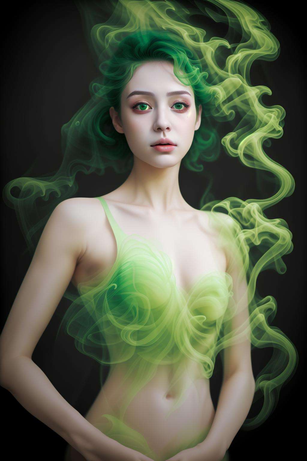 masterpiece,realistic,1girl,<lora:smoke_v1:0.55>,green smoke hair,smoke dress,green smoke,