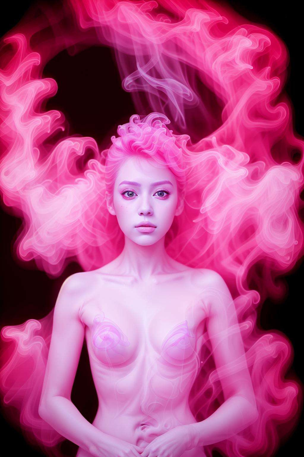 masterpiece,realistic,1girl,<lora:smoke_v1:0.55>, pink hair,smoke dress,pink smoke,