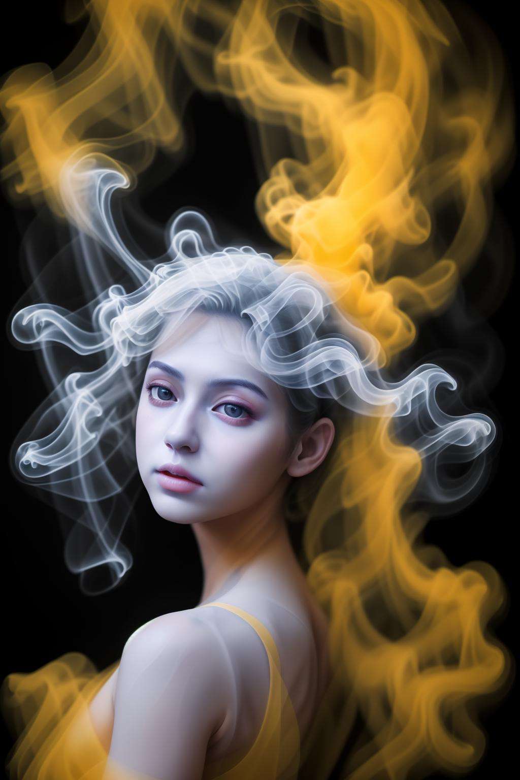 masterpiece,realistic,1girl,<lora:smoke_v1:0.6>,grey smoke hair,smoke dress,yellow smoke, 