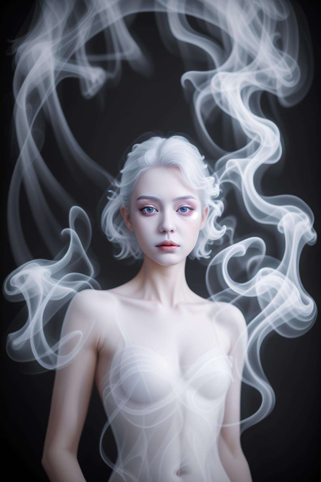 masterpiece,realistic,1girl,<lora:smoke_v1:0.5>,white hair,smoke dress,white smoke,