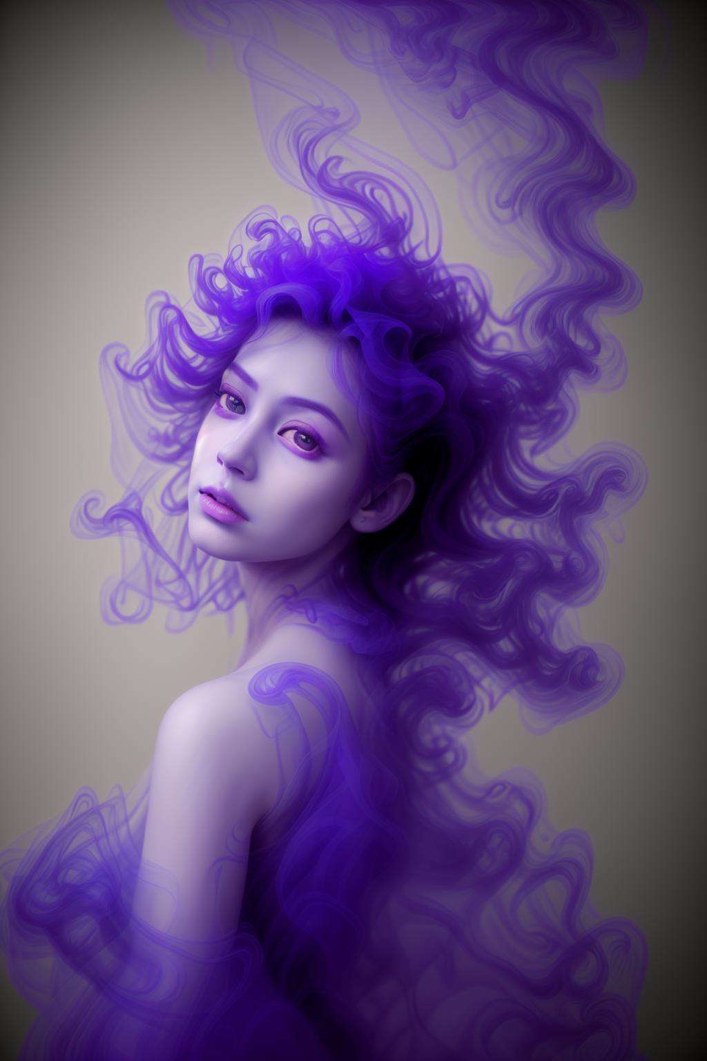 masterpiece,realistic,1girl,<lora:smoke_v1:0.55>, purple hair,smoke dress,purple smoke,