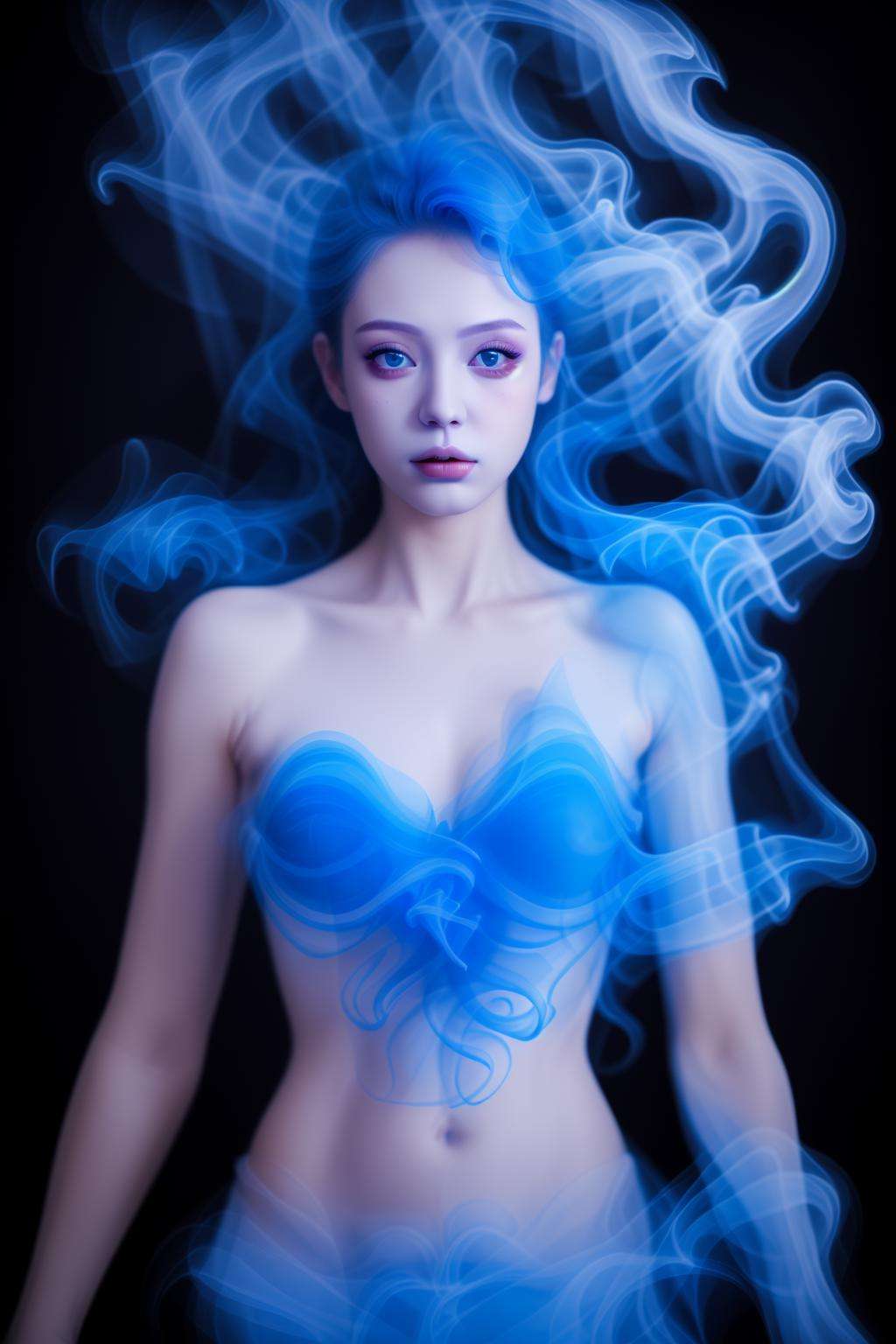 masterpiece,realistic,1girl,<lora:smoke_v1:0.55>, blue hair,smoke dress,blue smoke,