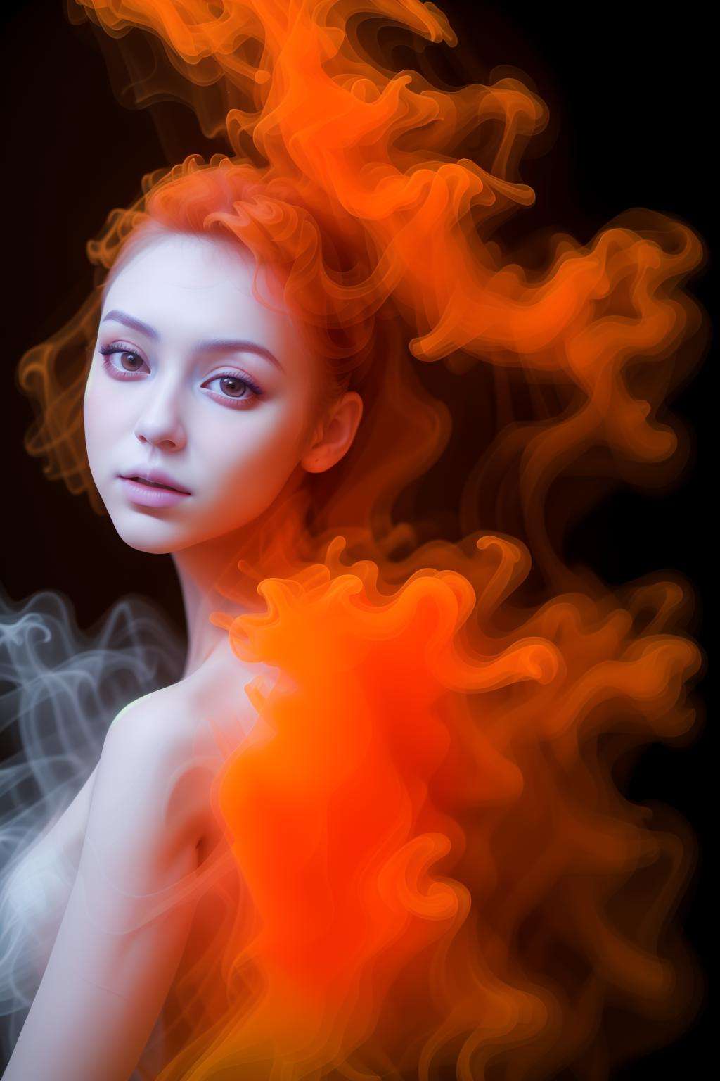 masterpiece,realistic,1girl,<lora:smoke_v1:0.5>,orange  smoke hair,smoke dress,orange smoke,