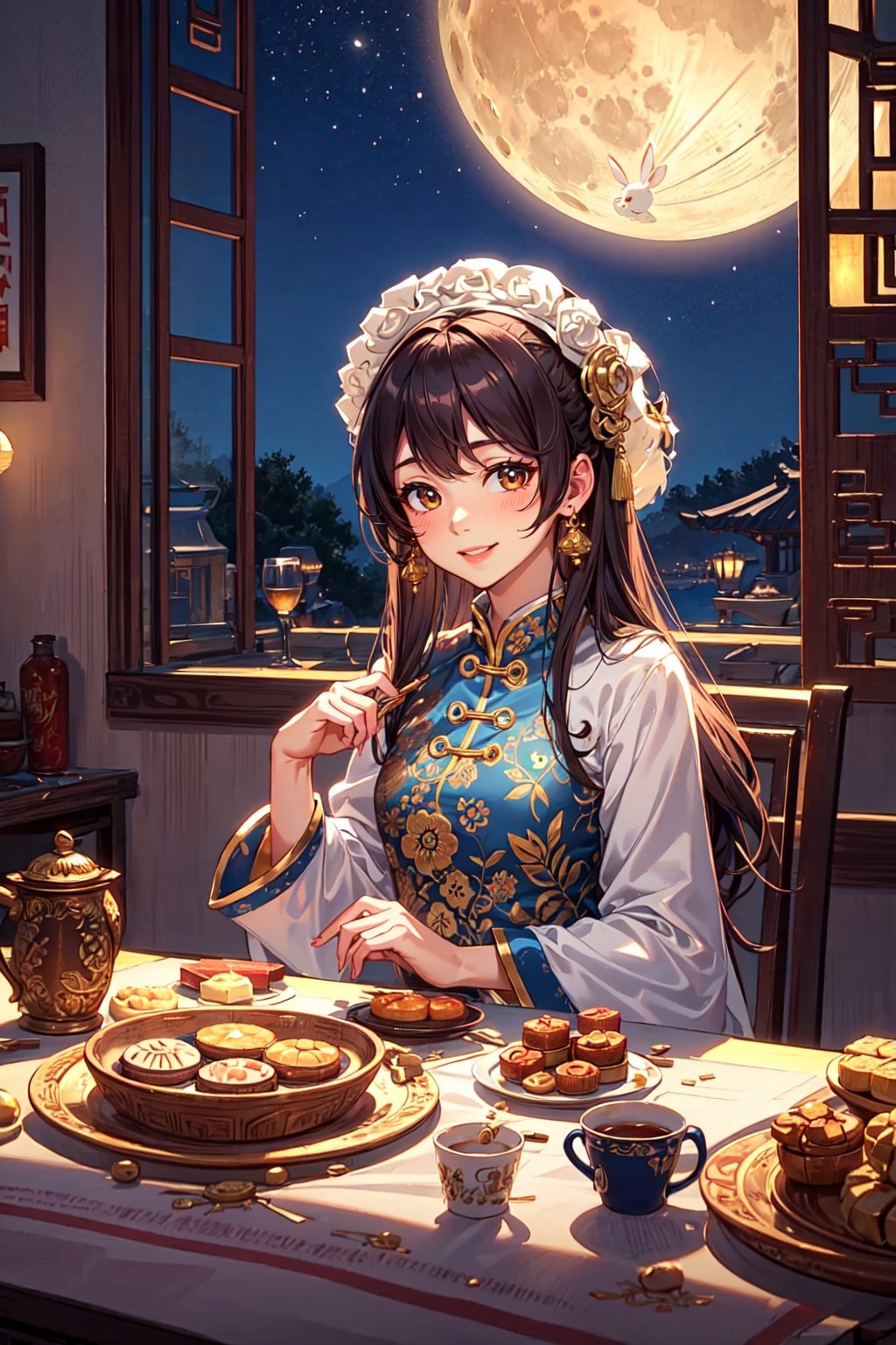 (Best quality, masterpiece, detailed details), upper body, 1Girl, solo, sitting, smiling, mooncakes on the table, night, white rabbit, Chinese clothes,