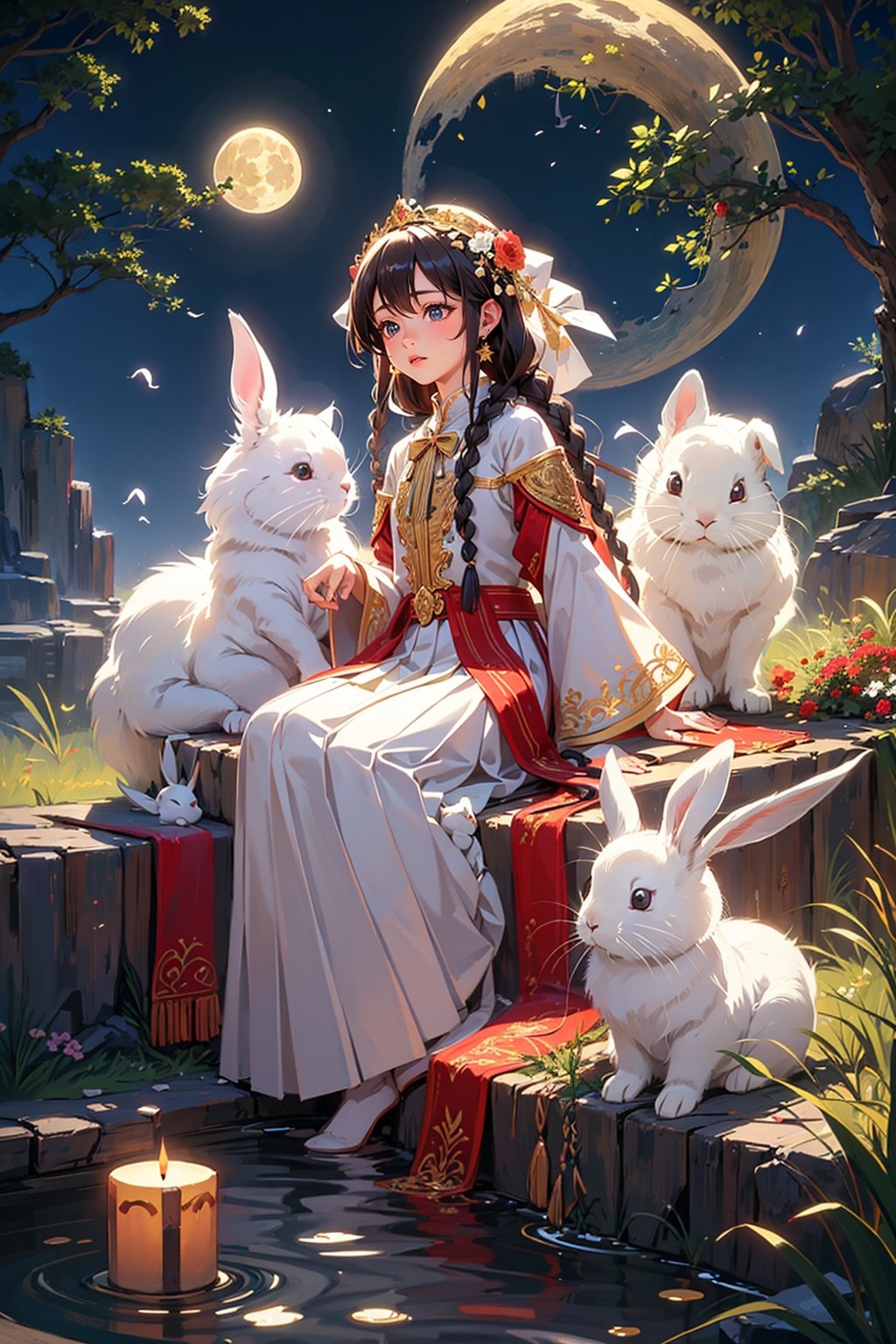 (Best quality, masterpiece, detailed details), Star River, Girl (Embracing the White Rabbit: 1.4), Dream, Solitude, (Masterpiece), ((Best Quality),) (Superdetail), (Illustrated), (Fluffy Hair), (Pleated Skirt), (1 Girl), (Solo), Dynamic Angle, Big Top Sleeve, Floating, Beautiful Detail Sky, On Beautiful Detail Water, Beautiful Detail Eyes, Overexposure, (Moon), expressionless, Blunt Side bangs, Hair between eyes, ribbons, bows, buttons, exposed shoulders, ((small chest)), detailed clothing, blank gaze, pleated skirt, flowers, realistic, plump, natural, best quality, masterpiece, ultra high resolution, (fidelity: 1.4), original photos, movie lighting, (perfect figure), (perfect lively scene), crazy details, complex details, super details

