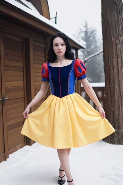 1girl, realistic, solo, snow white ,(masterpiece:1.2), best quality,(sharp_focus),  outside, detailed dress, yellow skirt