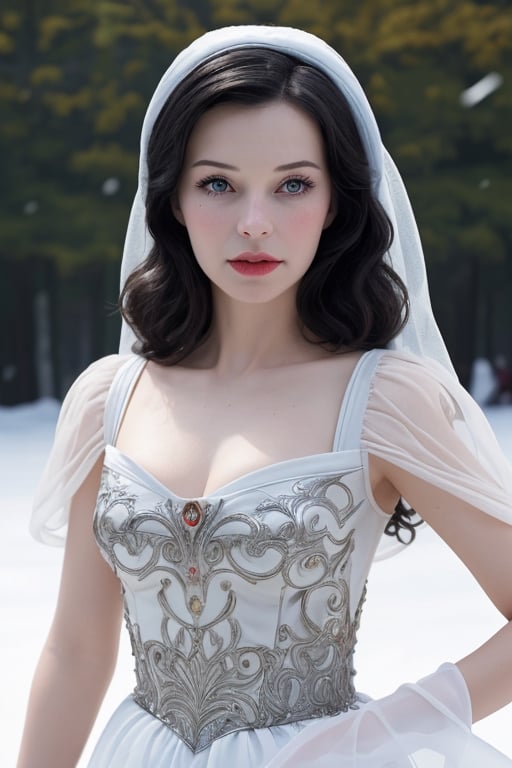 1girl, realistic, solo, snow white ,(masterpiece:1.2), best quality,(sharp_focus),  outside, detailed dress