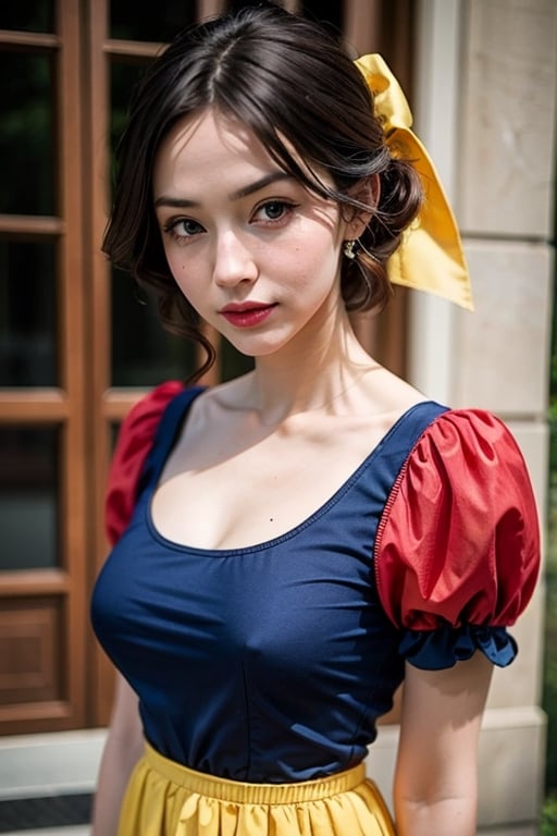 1girl, realistic, solo, snow white ,(masterpiece:1.2), best quality,(sharp_focus),  outside, blue shirt, yellow dress, red hair bow, 