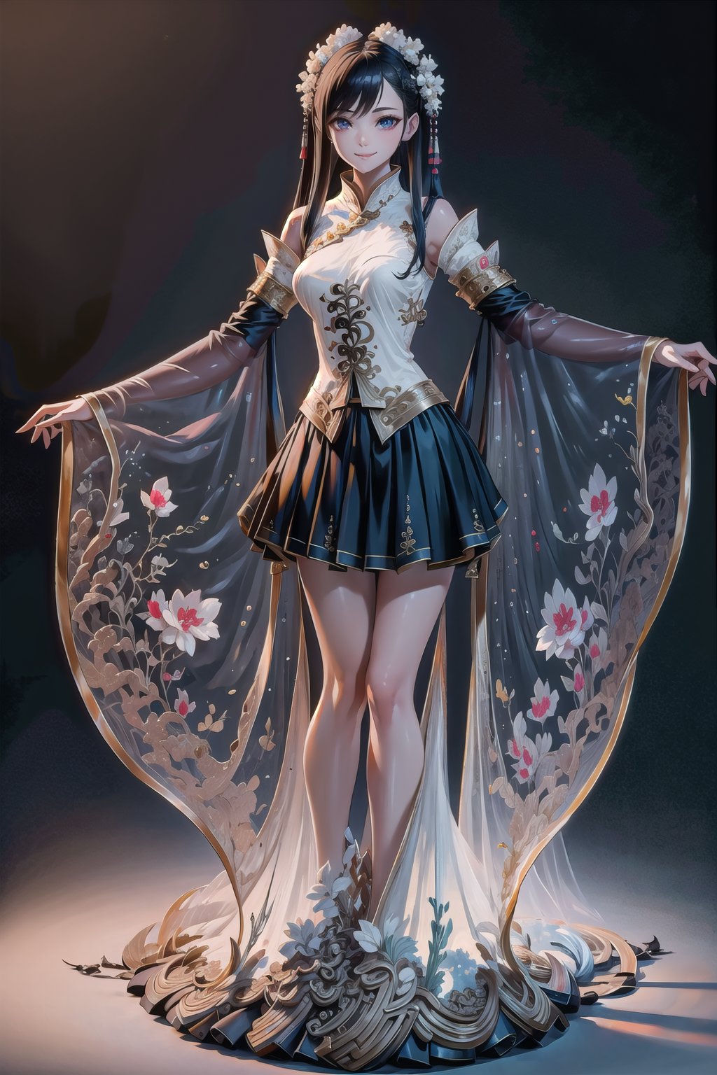 (Masterpiece,  best quality),  top quality,  digital illustration,  (8k),  insanely detailed,  fodress,  fiber optic dress,  glowing,  1girl,  chinese clothes,  modern hanfu,  black and white theme,  black skirt,  see-through,  sleeves,  smile,  detailed face,  detailed eyes,  looking at viewer,  dancing,  full body,  (intricate details:1.2),  dynamic,  beautiful,  stylish,  extremely detailed,  volumetric lighting, <lora:EMS-50984-EMS:0.900000>